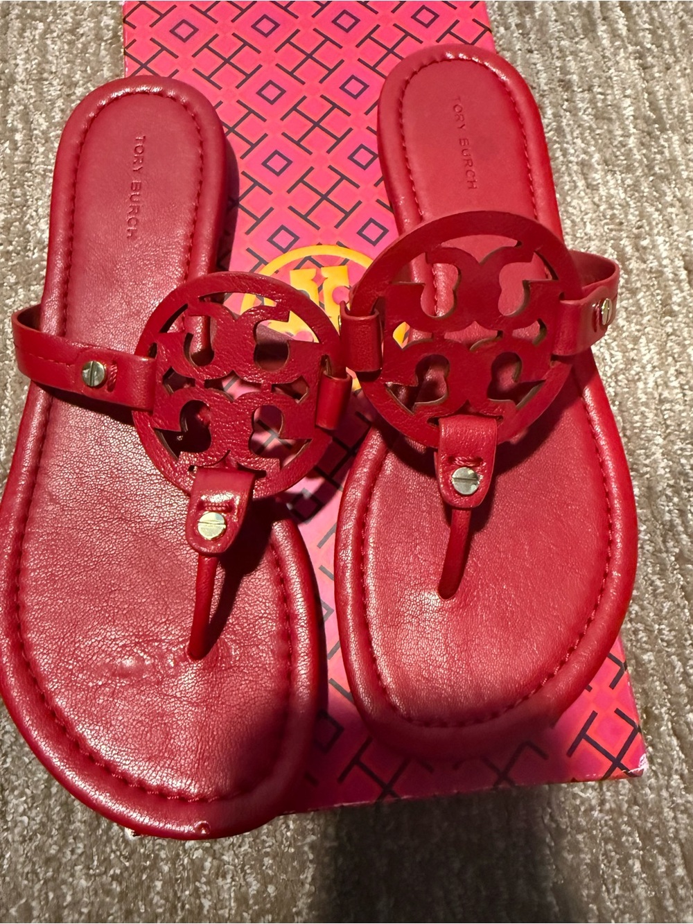 Tory Burch Red Leather Logo Thong Sandals